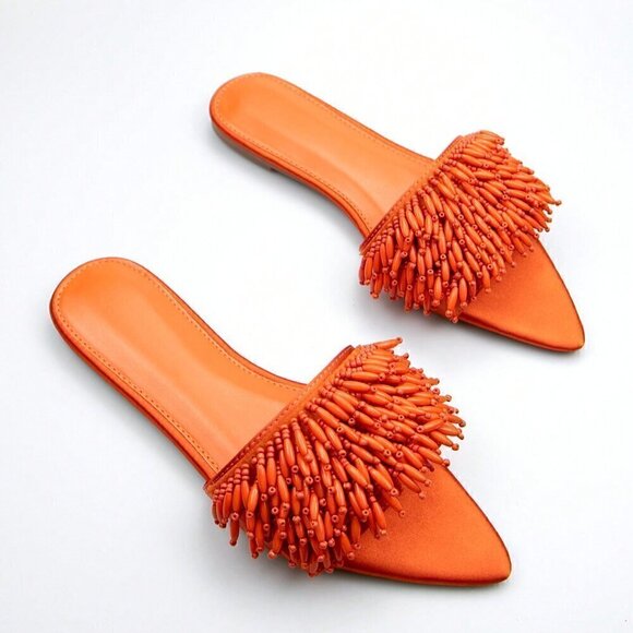 Orange Funky Women's Bead Embroidery Decorated Fabric Flat Comfortable Sandals - Picture 2 of 4